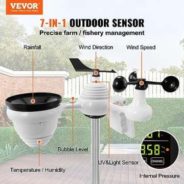 VEVOR YT60234 WiFi Weather Station 7-in-1, Weather Stations WiFi Indoor Outdoor, 7.5" Color Display for Weather Forecast, Temperature, Humidity, UV, Air Pressure, Wind Speed&Direction, Rain, Alarm