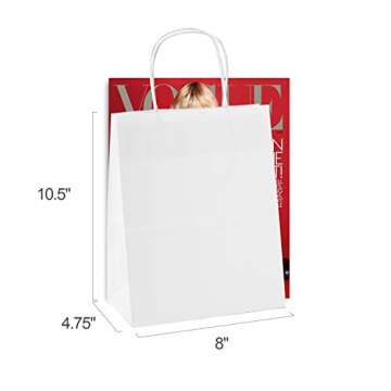 GSSUSA White Medium Gift Bags 8x4.75x10.5 Paper Bags with Handles Bulk 100 Pack, Kraft Paper Bags for Shopping, Retail, Business, Boutique, Grocery, Merchandise, Restaurant To Go Take Out Bags