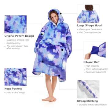 Blanket Hoodie women & Man,Premium Sherpa Fleece Oversized Hoodie Blanket With Giant Pocket for Women,Super Cozy and Big Wearable Blanket Hoodie Gift Tie Dye New Blue