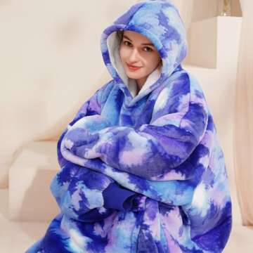 Blanket Hoodie women & Man,Premium Sherpa Fleece Oversized Hoodie Blanket With Giant Pocket for Women,Super Cozy and Big Wearable Blanket Hoodie Gift Tie Dye New Blue