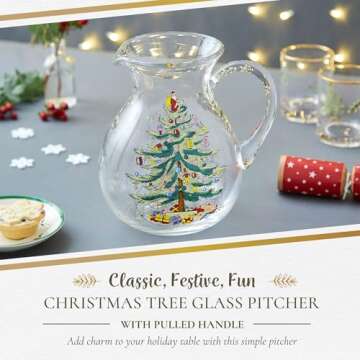 Spode Christmas Tree Glass Pitcher - Festive 96 Oz Large Glass Pitcher for Holidays, Crystal-Clear Beverage Pitcher with Handle for Cocktails, Water, Juice, Lemonade - Dishwasher Safe