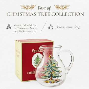 Spode Christmas Tree Glass Pitcher - Festive 96 Oz Large Glass Pitcher for Holidays, Crystal-Clear Beverage Pitcher with Handle for Cocktails, Water, Juice, Lemonade - Dishwasher Safe