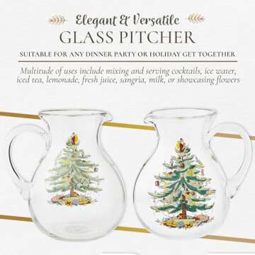 Spode Christmas Tree Glass Pitcher - Festive 96 Oz Large Glass Pitcher for Holidays, Crystal-Clear Beverage Pitcher with Handle for Cocktails, Water, Juice, Lemonade - Dishwasher Safe