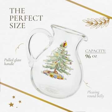 Spode Christmas Tree Glass Pitcher - Festive 96 Oz Large Glass Pitcher for Holidays, Crystal-Clear Beverage Pitcher with Handle for Cocktails, Water, Juice, Lemonade - Dishwasher Safe