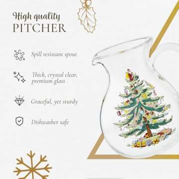 Spode Christmas Tree Glass Pitcher - Festive 96 Oz Large Glass Pitcher for Holidays, Crystal-Clear Beverage Pitcher with Handle for Cocktails, Water, Juice, Lemonade - Dishwasher Safe