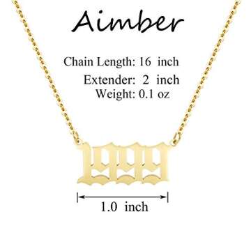 Aimber Birth Year Necklace 18K Gold Plated Birth Year Number Pendant Necklace Stainless Steel Birthday Year Necklace for Women,1970-2024(1999)