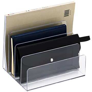 Sooyee File Organizer for Desk, Mail Organizer Countertop,4-Section File Holder for Home Office,Book Organizer,Acrylic Desk Organizer for Letter, Document, Notebook, Binder, Purse, Palette,Clear