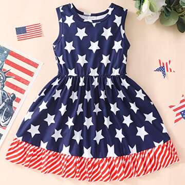 Popshion Girls 4th of July Dress Toddler Girl American Flag Dresses Sleeveless Kids Patriotic Clothes Independence Day Outfits 6-7 Years