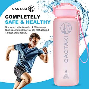 Cactaki 32 oz Water Drinking Bottle with Time Marker - Stay Hydrated - Hydration Tracker & Reminder to Drink With Hourly Measurement Markings - Leak Spill Proof & BPA Free