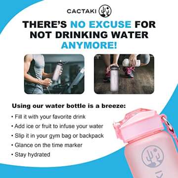 Cactaki 32 oz Water Drinking Bottle with Time Marker - Stay Hydrated - Hydration Tracker & Reminder to Drink With Hourly Measurement Markings - Leak Spill Proof & BPA Free