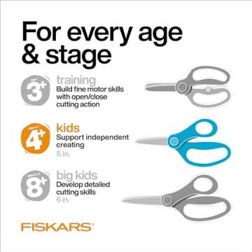 Fiskars 5" Blunt-Tip Scissors for Kids Ages 4-7 (3-Pack) - Scissors for School or Crafting - Back to School Supplies - Red, Blue, Turquoise