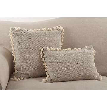 SARO LIFESTYLE Moroccan Design Tassel Fringe Cotton Down Filled Throw Pillow, 14" x 20", Ivory