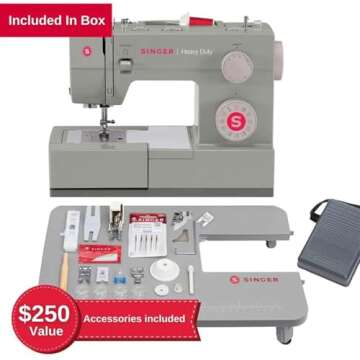 SINGER Heavy Duty Holiday Bundle - 4452 Heavy Duty Sewing Machine with Extension Table & 2 Presser Feet | Strong Motor, 110 Stitch Applications, Full Metal frame, 1-step Buttonhole & LED Light