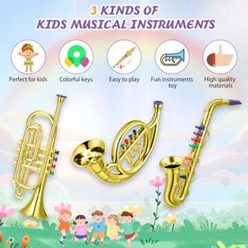 Treela Set of 3 Musical Instruments Saxophone Trumpet and Horn for Beginners 3 Wind and Brass Musical Instruments Combo with Colorful Keys Coded for Boys Girls (Gold)