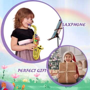 Treela Set of 3 Musical Instruments Saxophone Trumpet and Horn for Beginners 3 Wind and Brass Musical Instruments Combo with Colorful Keys Coded for Boys Girls (Gold)