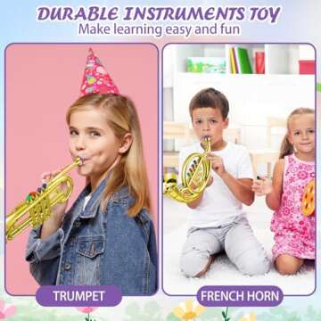 Treela Set of 3 Musical Instruments Saxophone Trumpet and Horn for Beginners 3 Wind and Brass Musical Instruments Combo with Colorful Keys Coded for Boys Girls (Gold)