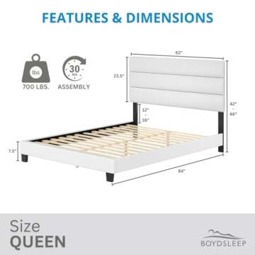 Boyd Sleep Piedmont White Vegan Leather Queen Size Fully Upholstered Platform Bed Frame with Adjustable Headboard - No Box Spring Required, Easy Assembly, Noise Free, Durable & Sturdy Mattress Support