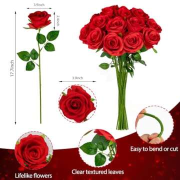 Ouddy Decor 20 Pcs Fake Red Roses Artificial Silk Flowers with Long Stems for Valentines Day Decor Wedding Home Party Table Centerpieces Bridal Bouquet DIY Floral Arrangment