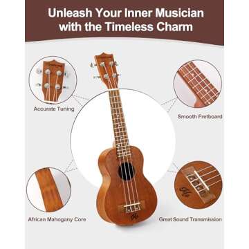 MOUNTOCEAN 23 Inch Concert Ukulele for Adults Beginners Kids Mahogany Ukulele Professional with Gig Bag Strap Aquila String Tuner Capo Picks Kit with Online Lessons (Mahogany, 23'')