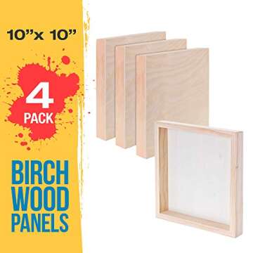 U.S. Art Supply 10" x 10" Birch Wood Paint Pouring Panel Boards, Gallery 1-1/2" Deep Cradle (Pack of 4) - Artist Depth Wooden Wall Canvases - Painting Mixed-Media Craft, Acrylic, Oil, Encaustic