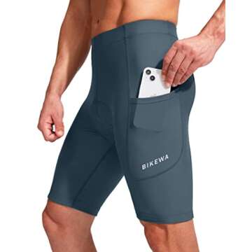 Men's Bike Shorts 3D Padded Cycling Road Biking Underwear Mountain Riding Biker Bicycle UPF 50+ Cycle Shorts Zipper Pockets(Blue Grey,L)