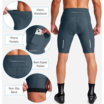 Men's Bike Shorts 3D Padded Cycling Road Biking Underwear Mountain Riding Biker Bicycle UPF 50+ Cycle Shorts Zipper Pockets(Blue Grey,L)