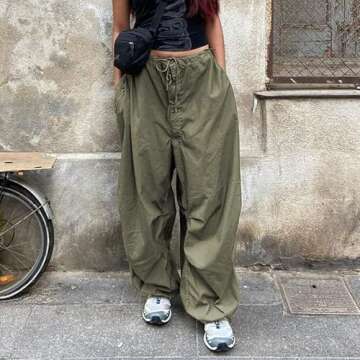 Women’s Baggy Cargo Pants Low Waist Hip Hop Sweatpants Drawstring Oversized Loose Wide Leg Hippie Joggers Trousers(B Army Green,Small)