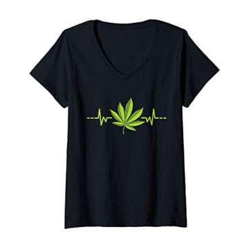 Womens Marijuana Leaf Heartbeat Funny Weed Smoking Cannabis Lover V-Neck T-Shirt