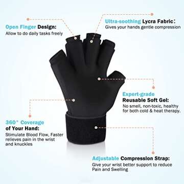 Tolaccea Finger Arthritis Compression Ice Glove for Pain Relief, Adjustable Wrist Strap Hand Wrist Ice Pack for Hot & Cold Therapy, Reusable Gel Cold Pack for Tendinitis, Carpal Tunnel