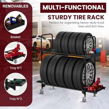 EROTASH Tire Rack, Tire Rack for Garage, Tire Storage Rack, Heavy Duty Tire Rack, Rolling Tire Shelf, Car Tire Stand with Wheels, Workshop Shelving