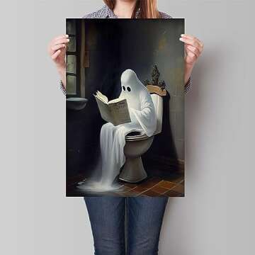 Wodkodnxy Vintage Cute Ghost on Toliet Reading Books Canvas Wall, Art Funny Gothic Aesthetic Posters, Horror Halloween Pictures, Spooky Dark Academia Wall Decor for Washroom bathroom 12x16in Unframed