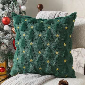 Allorry Christmas Pillow Covers 18 x 18 inch Set of 2 Dark Green Christmas Tree Pillow Covers Decorations Plush Faux Fur Soft Cushion Case for Winter Xmas Holiday Home Bedroom Sofa Decors PT004-A18