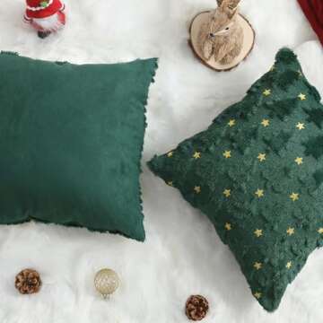 Allorry Christmas Pillow Covers 18 x 18 inch Set of 2 Dark Green Christmas Tree Pillow Covers Decorations Plush Faux Fur Soft Cushion Case for Winter Xmas Holiday Home Bedroom Sofa Decors PT004-A18