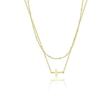 Tasiso Cross Pendant Necklace for Women 14K Gold Plated Dainty Layered Sideway Cross Necklace Layering Satellite Beads Faith Necklace Minimal Everyday Jewelry Gift