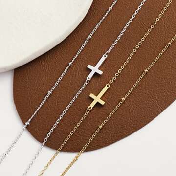 Tasiso Cross Pendant Necklace for Women 14K Gold Plated Dainty Layered Sideway Cross Necklace Layering Satellite Beads Faith Necklace Minimal Everyday Jewelry Gift