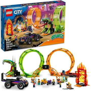LEGO City Stuntz Double Loop Stunt Arena 60339, Monster Truck Playset with 2 Toy Motorcycles, Ramp, Wall of Flames, Ring of Fire, Snapping Snake Loop and 7 Minifigures, for Kids Ages 7 Plus