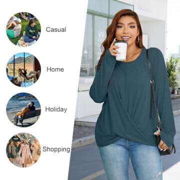 HOTGIFT Winter Womens Tops Long Sleeve Casual Tunic Loose Comfy Tee Crewneck TShirts Grey Blue Medium