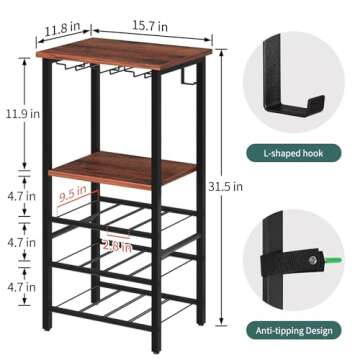 Yoobure Wine Rack Freestanding Floor with Glass Holder Wine Racks for Floor 12 Bottles Wine Bar Rack, Wine Holder Stand with Wood Tabletop 3-Tier Wine Table with Rack for Home Bar Kitchen Living Room