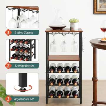 Yoobure Wine Rack Freestanding Floor with Glass Holder Wine Racks for Floor 12 Bottles Wine Bar Rack, Wine Holder Stand with Wood Tabletop 3-Tier Wine Table with Rack for Home Bar Kitchen Living Room