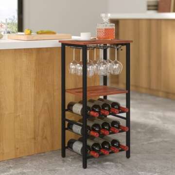 Yoobure Wine Rack Freestanding Floor with Glass Holder Wine Racks for Floor 12 Bottles Wine Bar Rack, Wine Holder Stand with Wood Tabletop 3-Tier Wine Table with Rack for Home Bar Kitchen Living Room