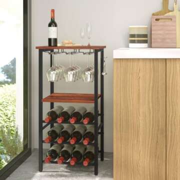 Yoobure Wine Rack Freestanding Floor with Glass Holder Wine Racks for Floor 12 Bottles Wine Bar Rack, Wine Holder Stand with Wood Tabletop 3-Tier Wine Table with Rack for Home Bar Kitchen Living Room