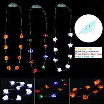 JASHIKA Halloween Eve Costume Party Accessories, Lighting Up LED Necklace Set of 3, Ghost, Jack O Lantern Pumpkin, Skull for Trick or Treating Door to Door Parade Procession