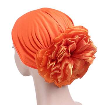 Muslim Women Flower Elastic Turban Beanie Head Scarf wrap Chemo Cap hat for Cancer Patient (Orange)