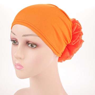 Muslim Women Flower Elastic Turban Beanie Head Scarf wrap Chemo Cap hat for Cancer Patient (Orange)