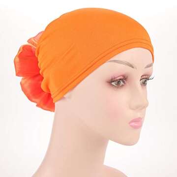 Muslim Women Flower Elastic Turban Beanie Head Scarf wrap Chemo Cap hat for Cancer Patient (Orange)