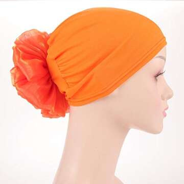 Muslim Women Flower Elastic Turban Beanie Head Scarf wrap Chemo Cap hat for Cancer Patient (Orange)