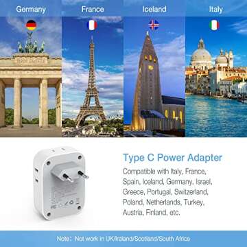 TESSAN Type Germany European Travel Plug Adapter with 3 USB Ports(1 USB C), 4 AC Outlets Travel Converter Plug Adaptor for US to Europe Spain Iceland Korea Greece Russia