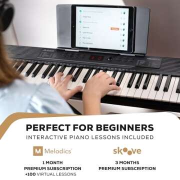 Alesis Melody 61 Keyboard Piano for Beginners with 61 Keys, Speakers, Stand, Bench, Headphones, Tablet/Sheet Music Stand, 300 Sounds and Music Lessons