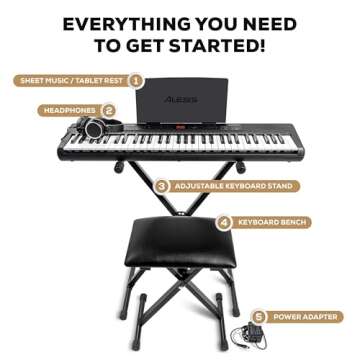 Alesis Melody 61 Keyboard Piano for Beginners with 61 Keys, Speakers, Stand, Bench, Headphones, Tablet/Sheet Music Stand, 300 Sounds and Music Lessons