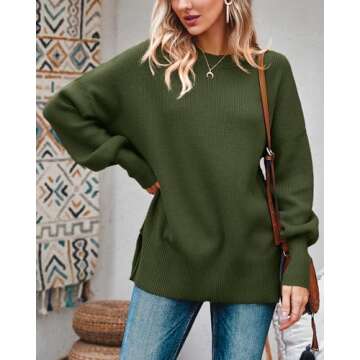 Imily Bela Womens Oversized Tunic Sweaters Fall Slouchy Long Sleeve Ribbed Knit Side Slit Pullover Jumper Tops Army Green